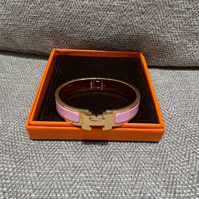 Hermès Clic H Logo細版櫻花粉色琺瑯手環-0