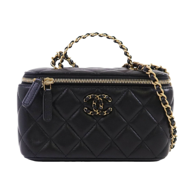 CHANEL 羊皮皮革Long Vanity Case金扣鏈帶手挽肩背兩用袋-0
