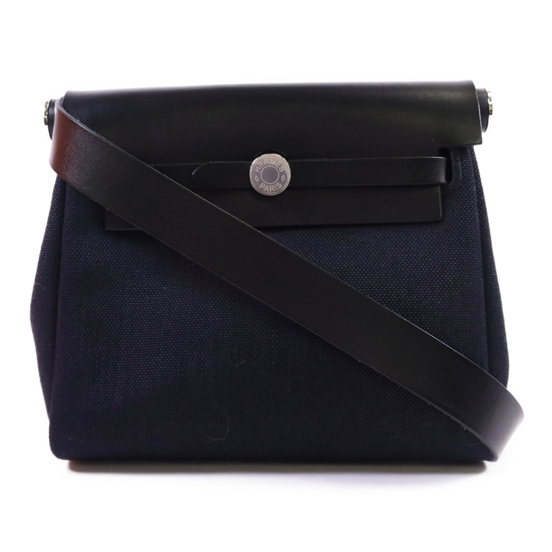 HERMES 帆布Mini Herbag銀扣肩背袋Noir-0