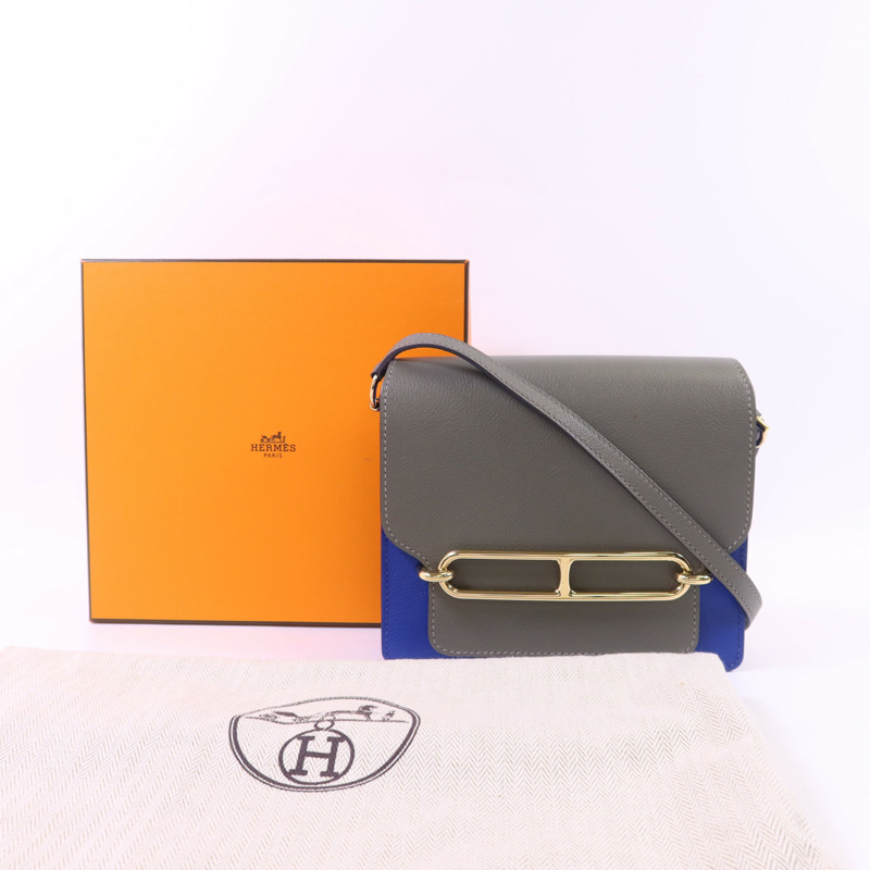 HERMES Evercolor皮革Roulis Mini金扣肩背袋灰色/藍色-16