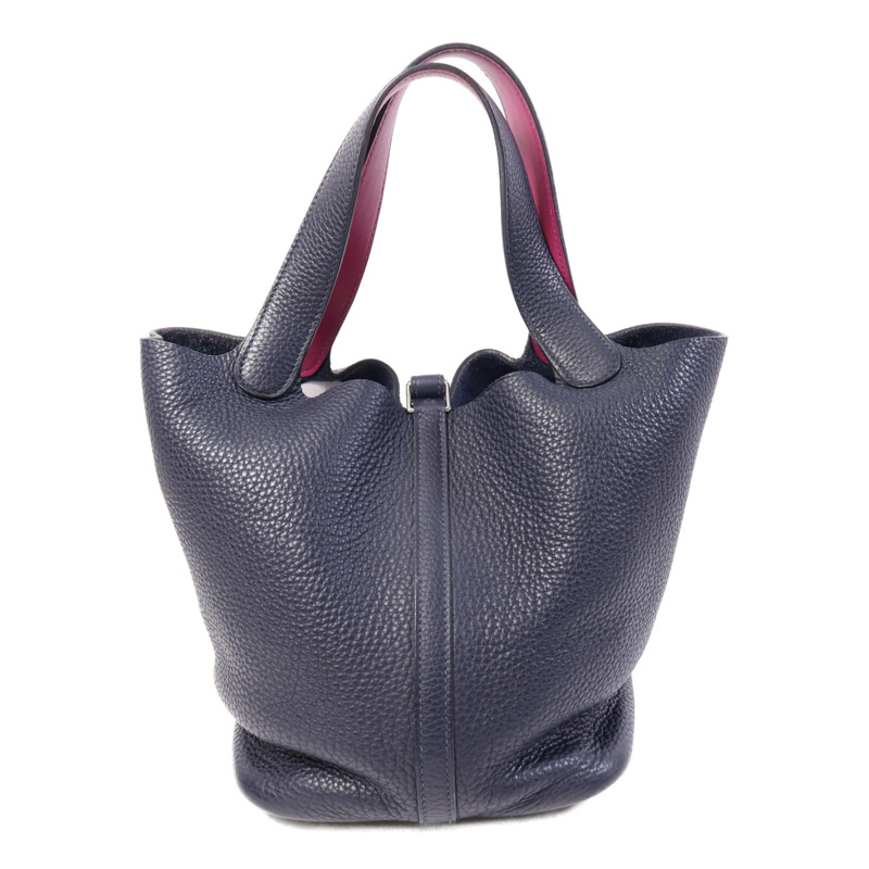 HERMES Togo皮革Picotin MM銀扣手挽袋Bleu Nuit/Rose Pourpre-1