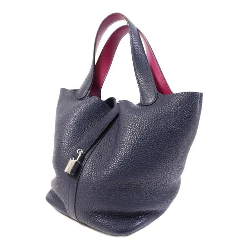 HERMES Togo皮革Picotin MM銀扣手挽袋Bleu Nuit/Rose Pourpre-2