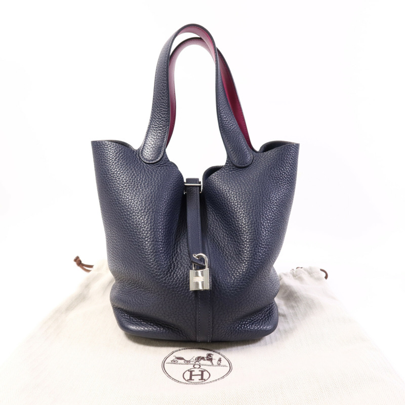 HERMES Togo皮革Picotin MM銀扣手挽袋Bleu Nuit/Rose Pourpre-9