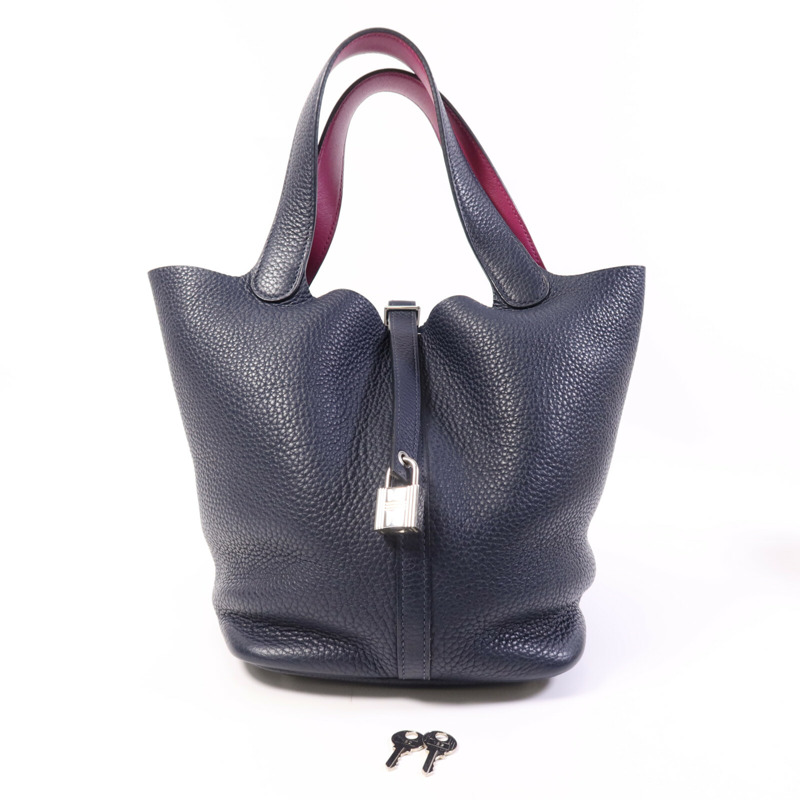 HERMES Togo皮革Picotin MM銀扣手挽袋Bleu Nuit/Rose Pourpre-10