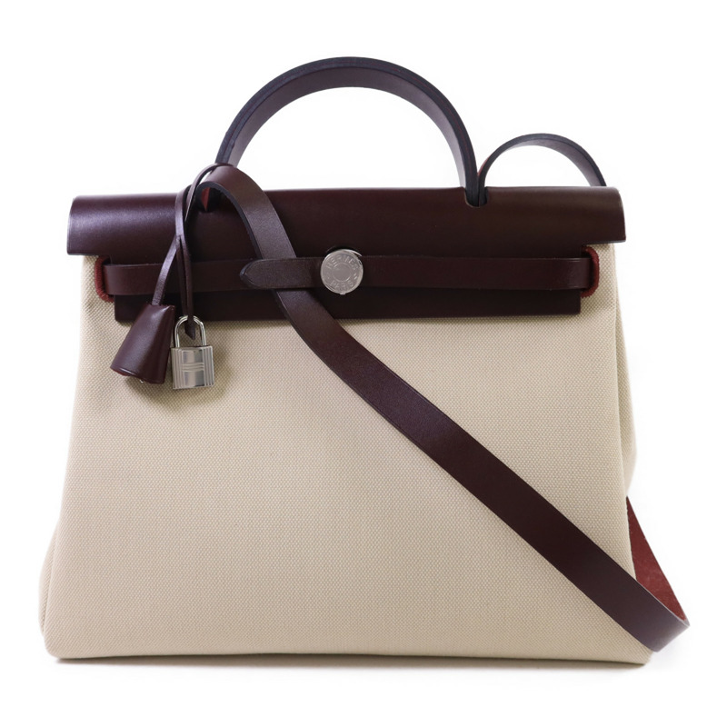 HERMES 帆布Herbag PM銀扣手挽肩背兩用袋Beton//Rouge Sellier-0