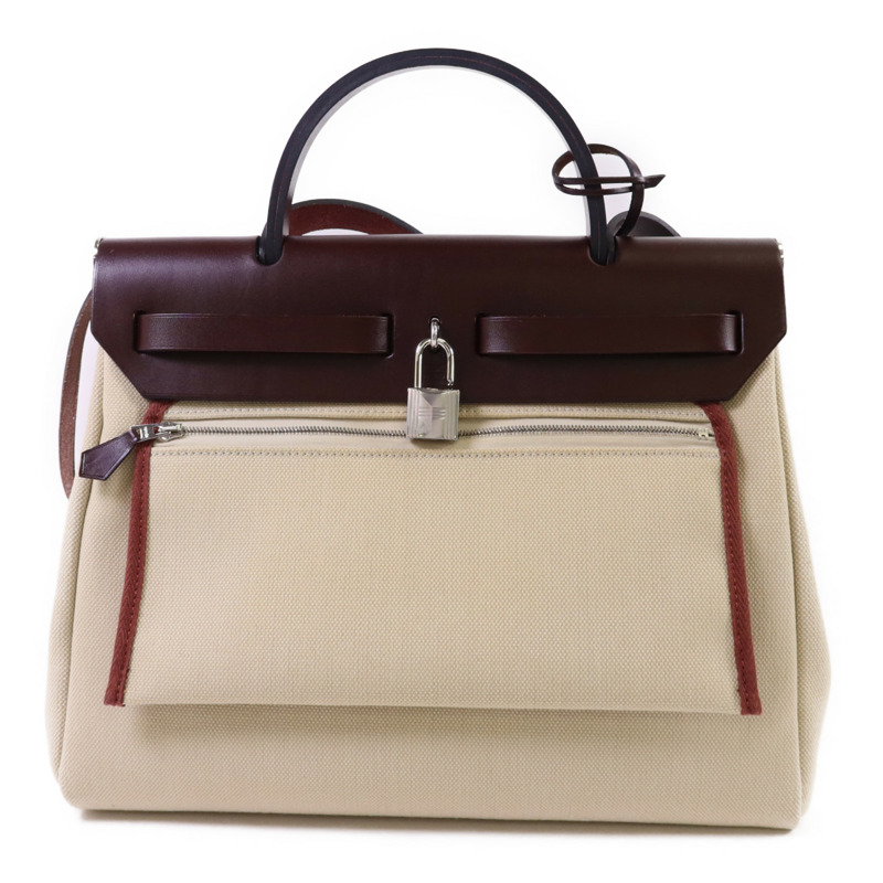 HERMES 帆布Herbag PM銀扣手挽肩背兩用袋Beton//Rouge Sellier-1