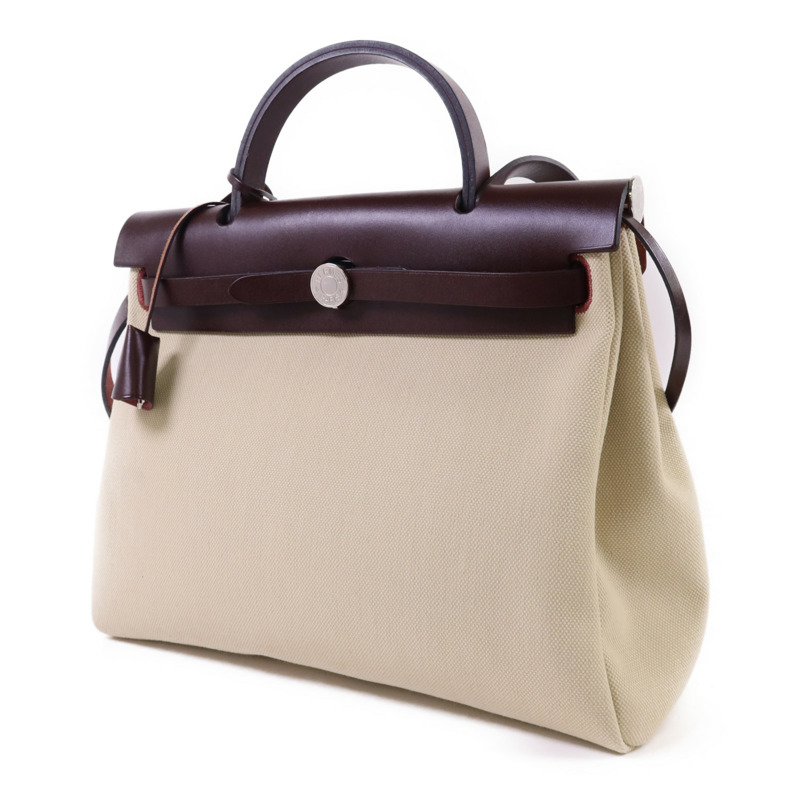HERMES 帆布Herbag PM銀扣手挽肩背兩用袋Beton//Rouge Sellier-2