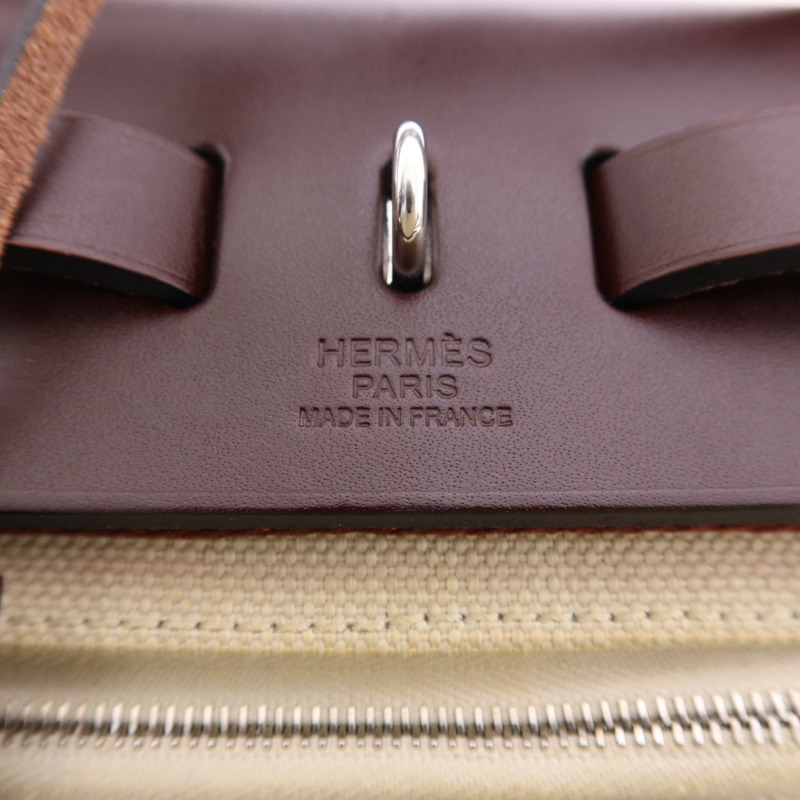 HERMES 帆布Herbag PM銀扣手挽肩背兩用袋Beton//Rouge Sellier-6