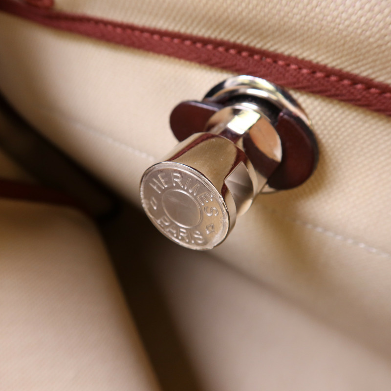 HERMES 帆布Herbag PM銀扣手挽肩背兩用袋Beton//Rouge Sellier-12