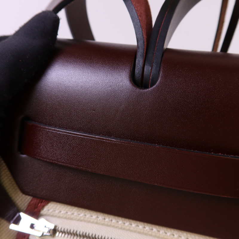 HERMES 帆布Herbag PM銀扣手挽肩背兩用袋Beton//Rouge Sellier-17