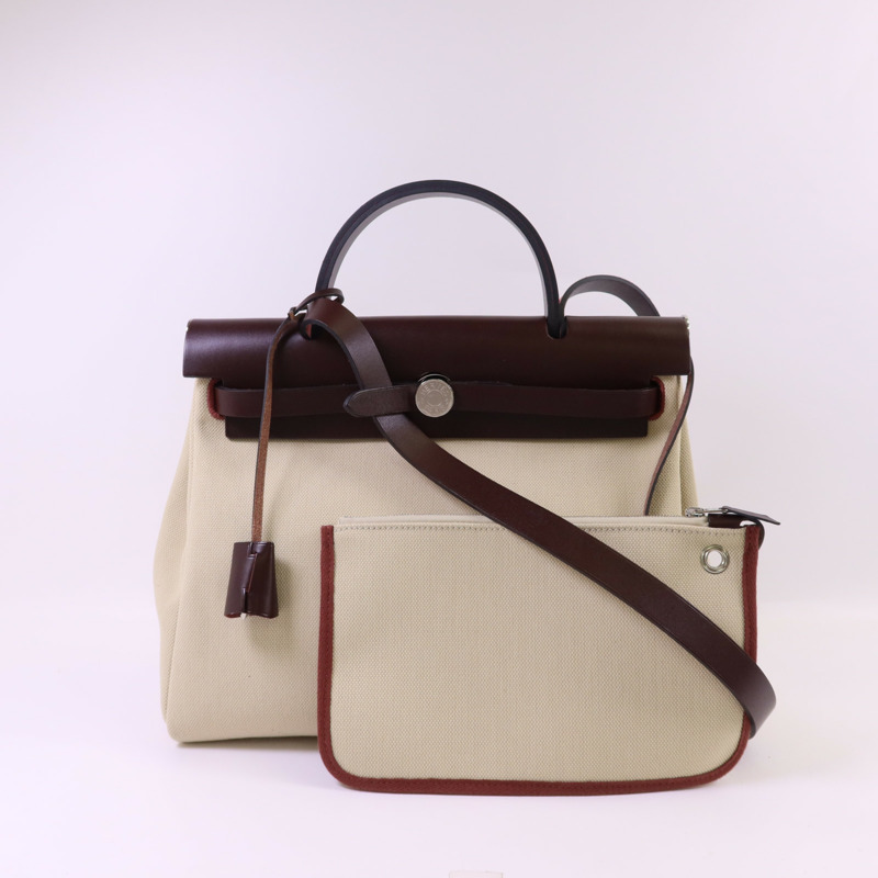 HERMES 帆布Herbag PM銀扣手挽肩背兩用袋Beton//Rouge Sellier-18