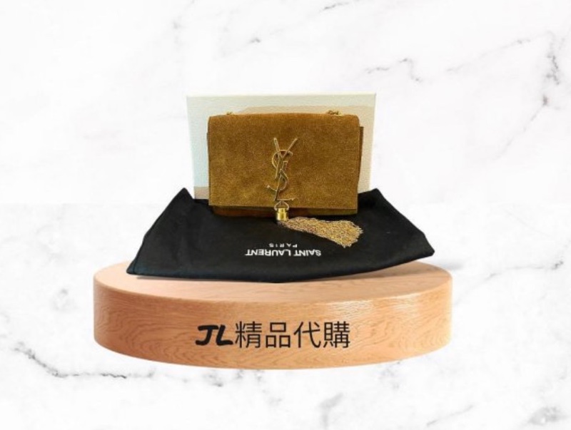 「JL精品代購」95新 YSL鴕色長金鍊小方包-0