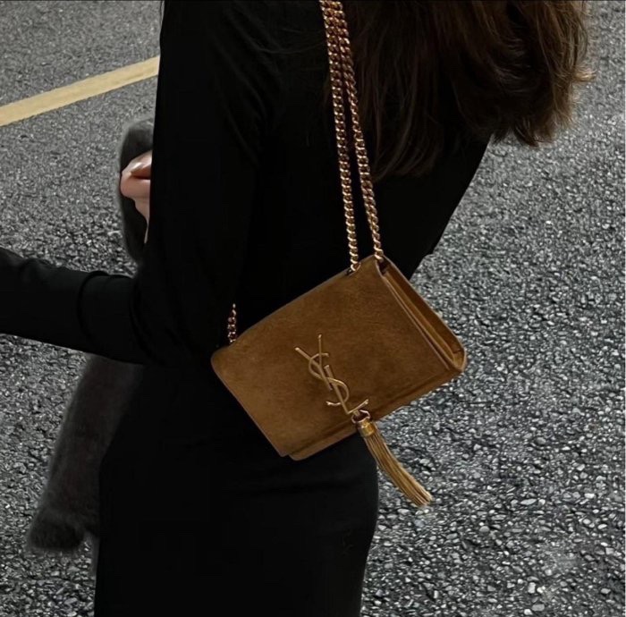 「JL精品代購」95新 YSL鴕色長金鍊小方包-1
