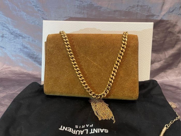 「JL精品代購」95新 YSL鴕色長金鍊小方包-3