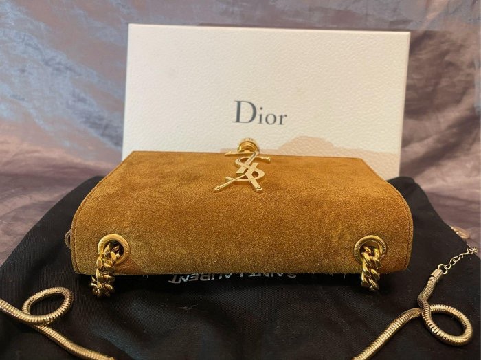 「JL精品代購」95新 YSL鴕色長金鍊小方包-4