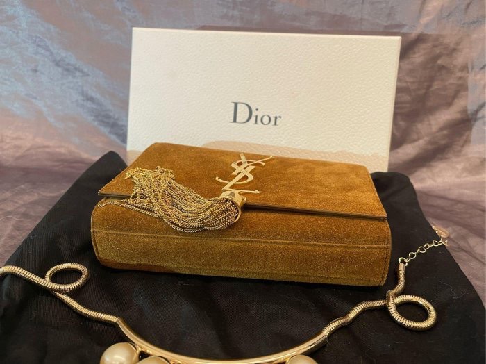 「JL精品代購」95新 YSL鴕色長金鍊小方包-5