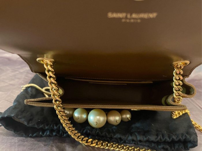「JL精品代購」95新 YSL鴕色長金鍊小方包-6