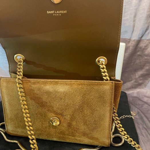 「JL精品代購」95新 YSL鴕色長金鍊小方包-7