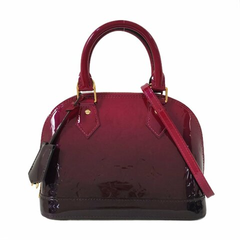 LOUIS VUITTON ALMA BB紫紅色漆皮老花壓紋貝殼包單肩包手提包斜挎包金色五金可拆卸肩