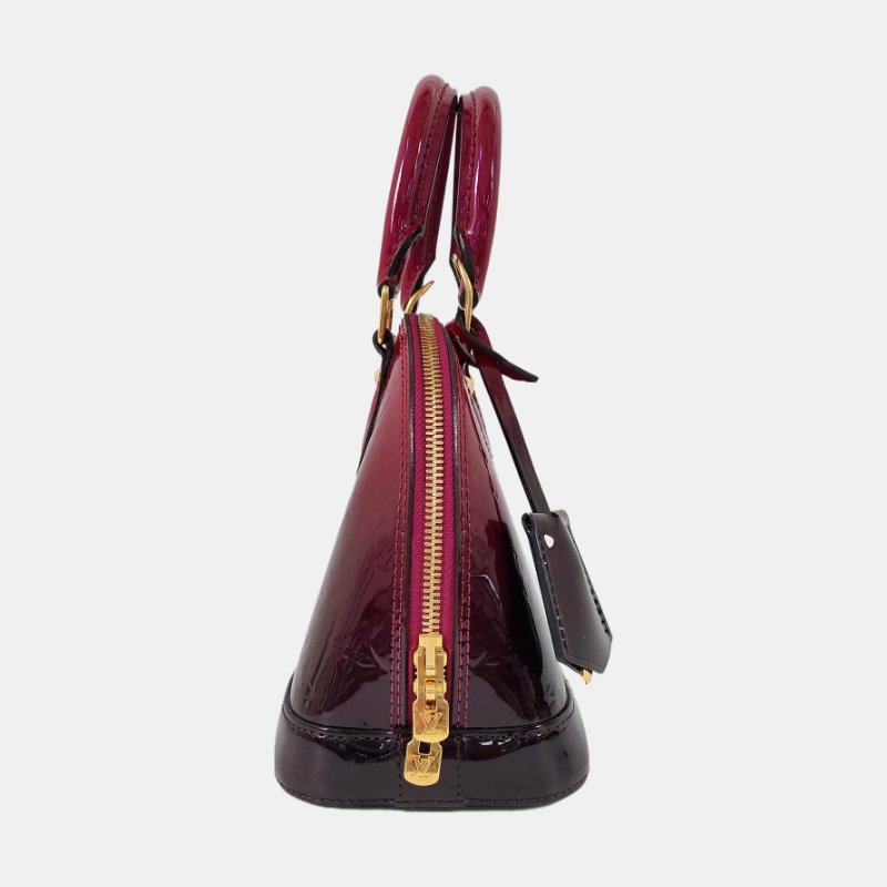 LOUIS VUITTON ALMA BB紫紅色漆皮老花壓紋貝殼包單肩包手提包斜挎包金色五金可拆卸肩-3