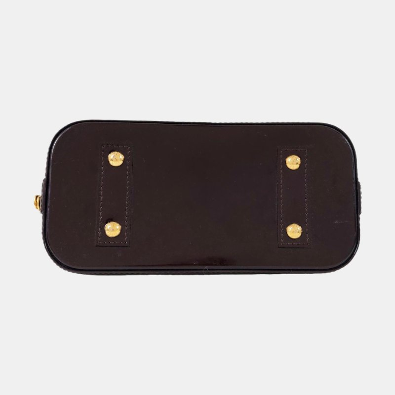 LOUIS VUITTON ALMA BB紫紅色漆皮老花壓紋貝殼包單肩包手提包斜挎包金色五金可拆卸肩-5