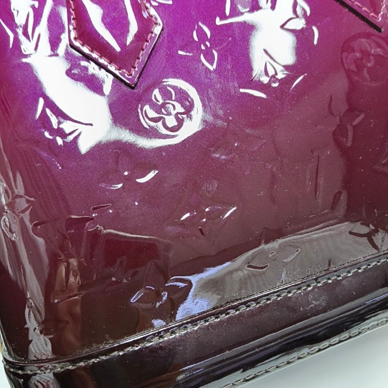 LOUIS VUITTON ALMA BB紫紅色漆皮老花壓紋貝殼包單肩包手提包斜挎包金色五金可拆卸肩-8