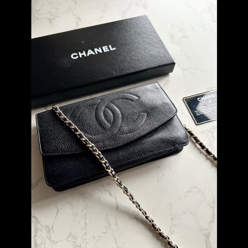 【LA LUNE】中古Chanel黑色魚子醬皮革WOC手袋側斜孭背長夾單肩包-0