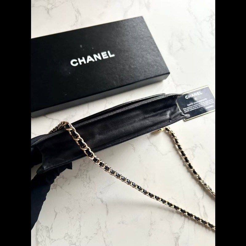 【LA LUNE】中古Chanel黑色魚子醬皮革WOC手袋側斜孭背長夾單肩包-2