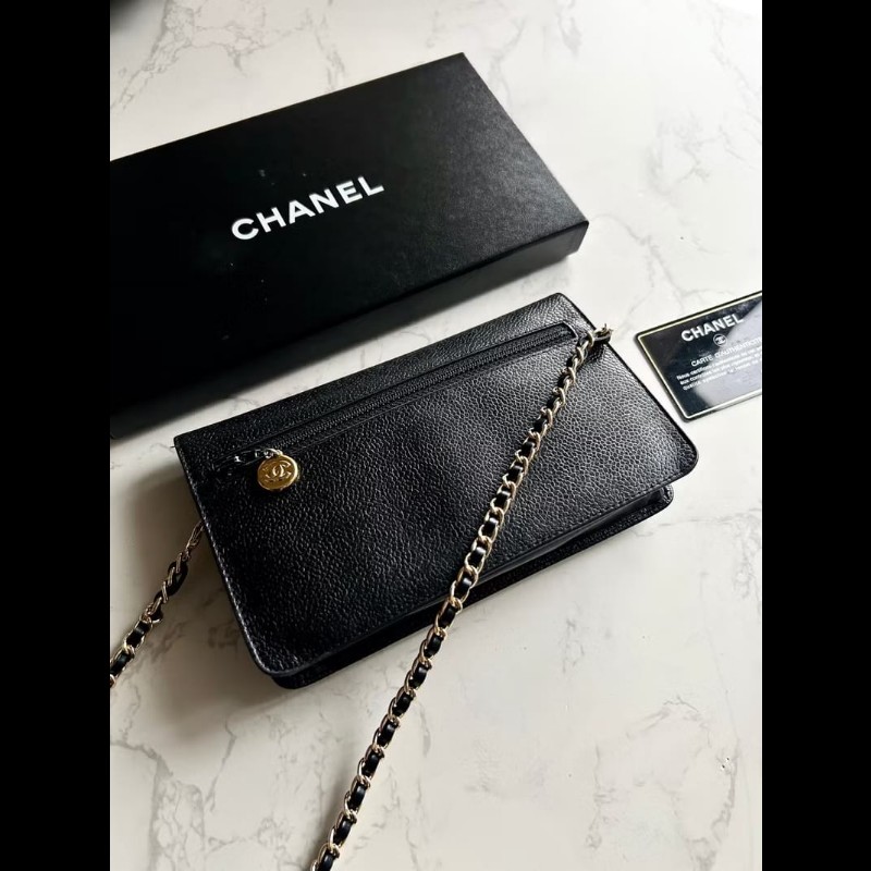 【LA LUNE】中古Chanel黑色魚子醬皮革WOC手袋側斜孭背長夾單肩包-3