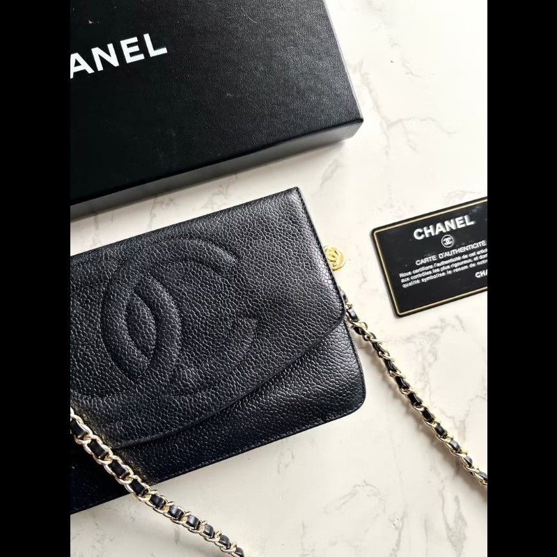 【LA LUNE】中古Chanel黑色魚子醬皮革WOC手袋側斜孭背長夾單肩包-4
