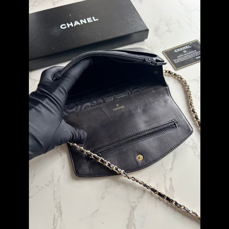 【LA LUNE】中古Chanel黑色魚子醬皮革WOC手袋側斜孭背長夾單肩包-5