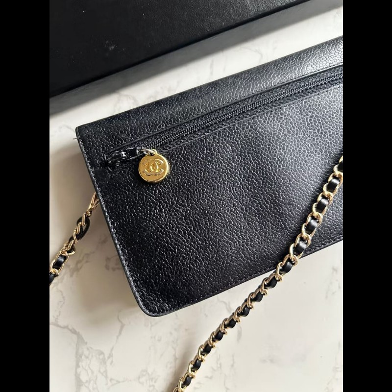 【LA LUNE】中古Chanel黑色魚子醬皮革WOC手袋側斜孭背長夾單肩包-7