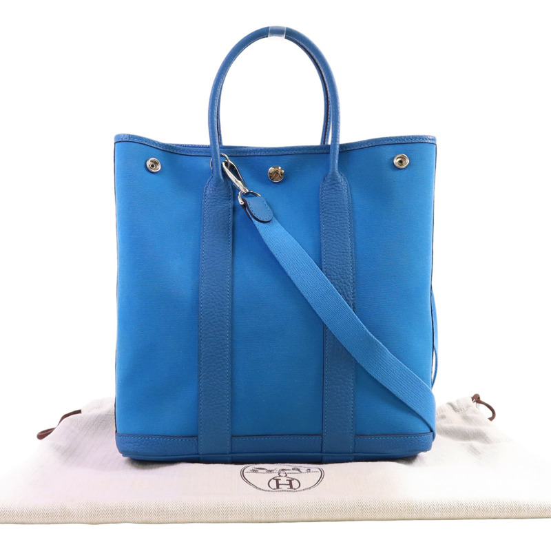 HERMES 帆布/牛皮皮革Garden File PM銀扣手挽肩背兩用袋-8