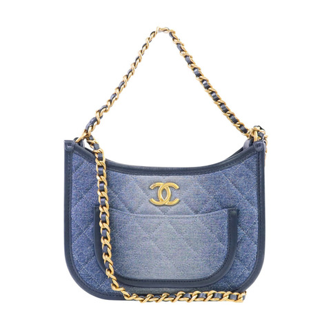 CHANEL 牛仔布Hobo Bag金扣鏈帶手挽肩背兩用袋