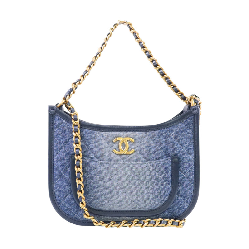 CHANEL 牛仔布Hobo Bag金扣鏈帶手挽肩背兩用袋-0