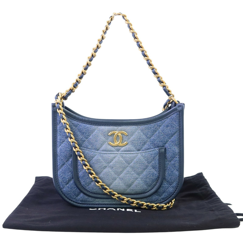 CHANEL 牛仔布Hobo Bag金扣鏈帶手挽肩背兩用袋-9