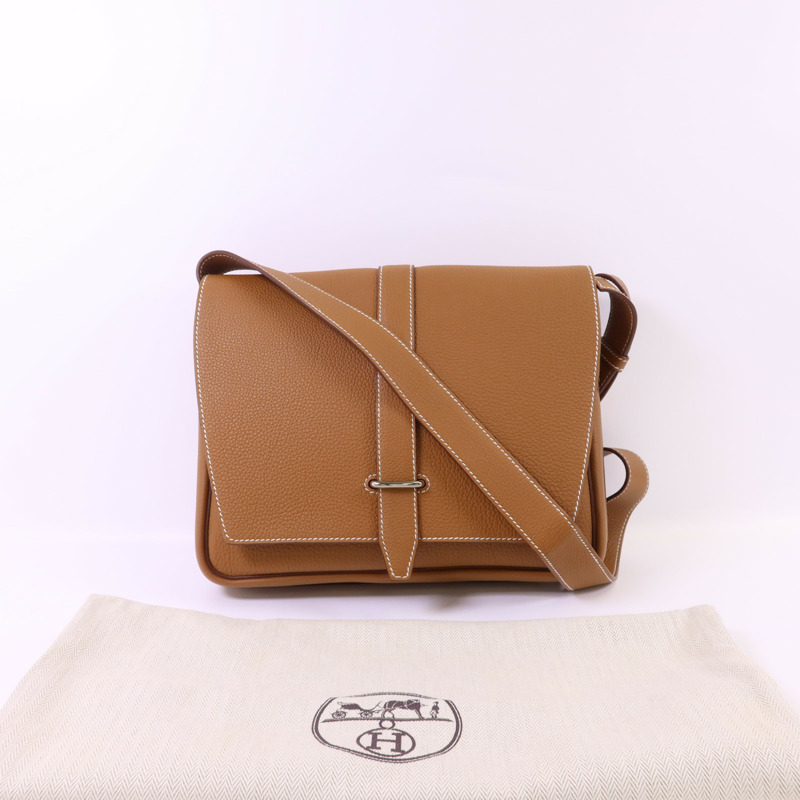 HERMES Togo皮革Steve Light Junior銀扣肩背袋Gold-15