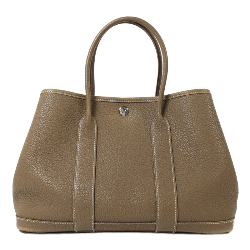 HERMES Clemence皮革Garden Party TPM銀扣手挽袋Etoupe-0