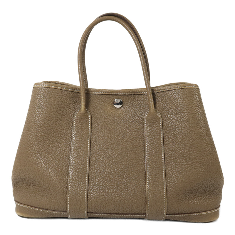 HERMES Clemence皮革Garden Party TPM銀扣手挽袋Etoupe-1