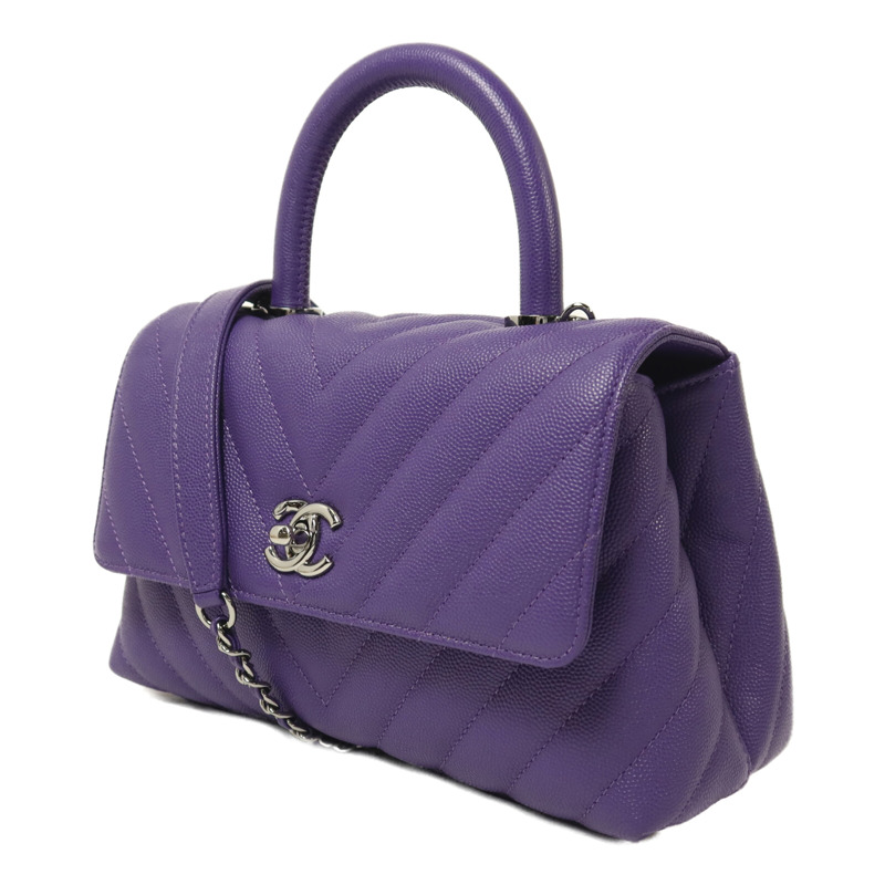 CHANEL 牛皮皮革Coco Handle銀扣鏈帶肩背袋-3