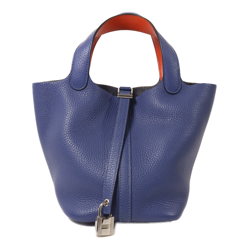 HERMES Clemence皮革Picotin PM銀扣手挽袋Bleu Brighton/Capucine-0