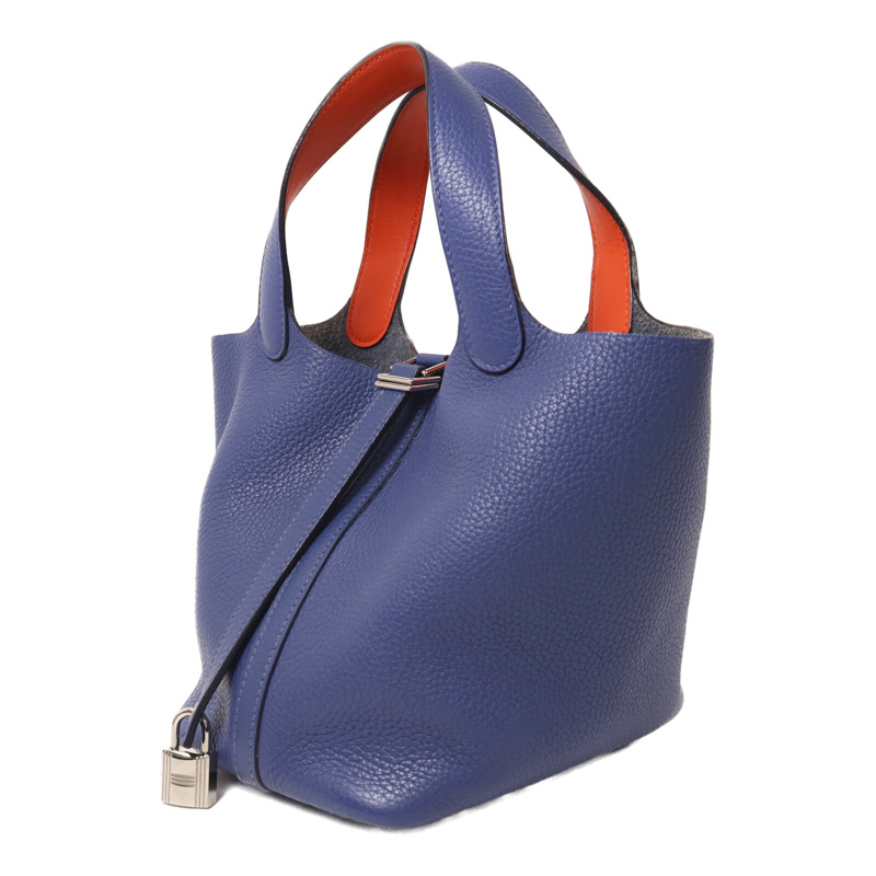 HERMES Clemence皮革Picotin PM銀扣手挽袋Bleu Brighton/Capucine-2