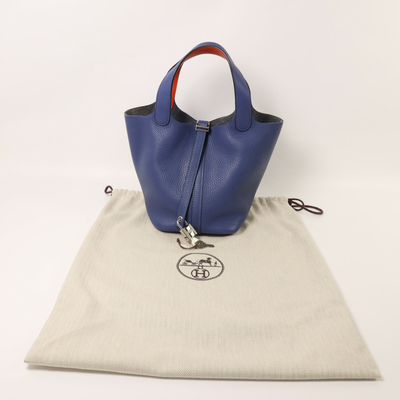 HERMES Clemence皮革Picotin PM銀扣手挽袋Bleu Brighton/Capucine-9