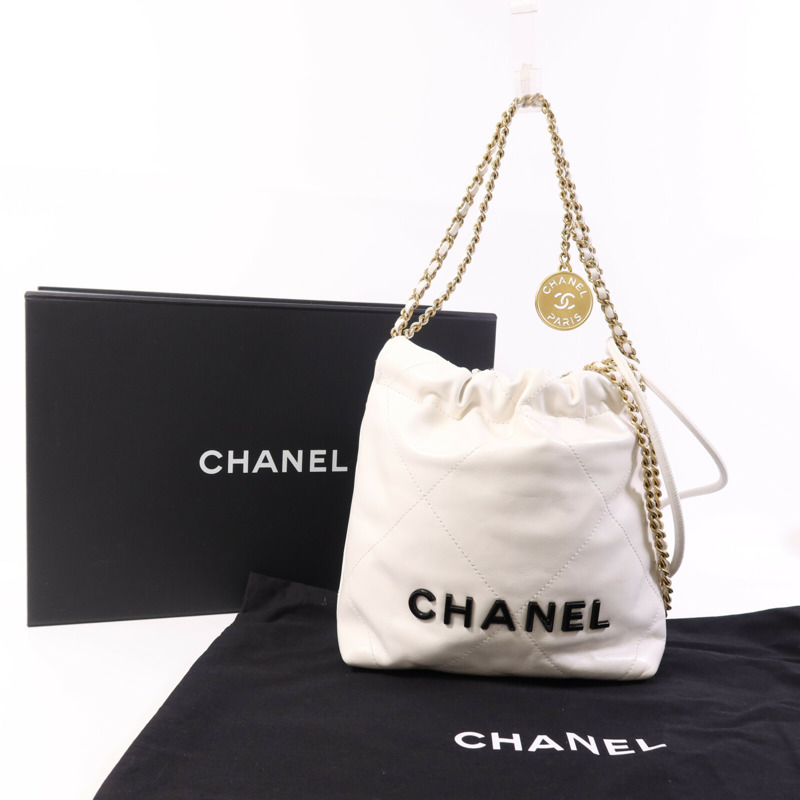 CHANEL 牛皮皮革Mini 22金扣鏈帶手挽肩背兩用袋-9