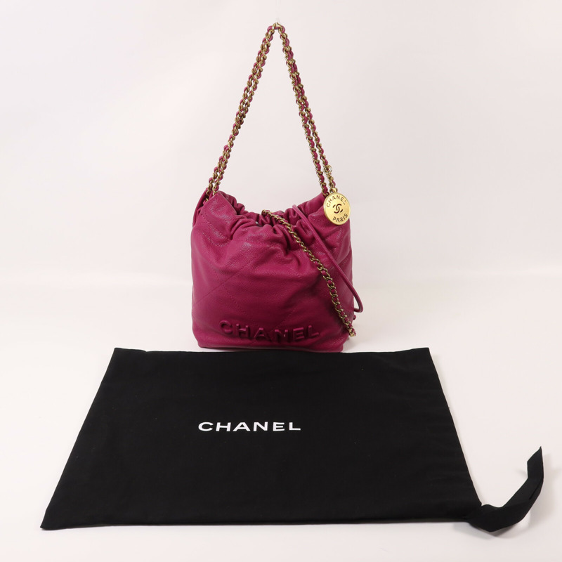 CHANEL 牛皮皮革Mini 22金扣鏈帶手挽肩背兩用袋-8