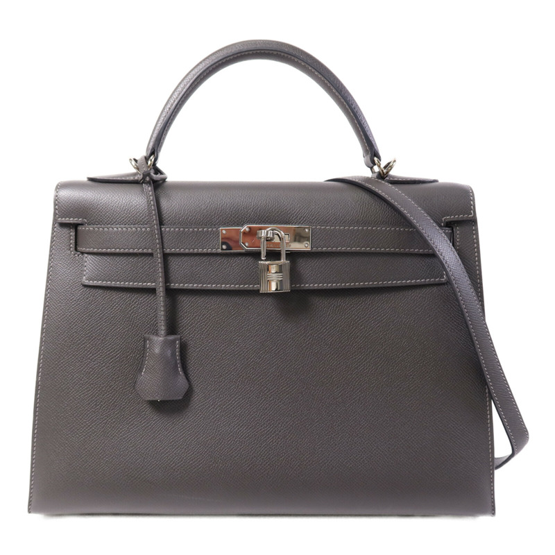 HERMES Epsom皮革Kelly 32銀扣手挽肩背兩用袋Grey-0