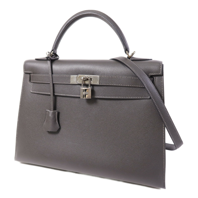 HERMES Epsom皮革Kelly 32銀扣手挽肩背兩用袋Grey-2