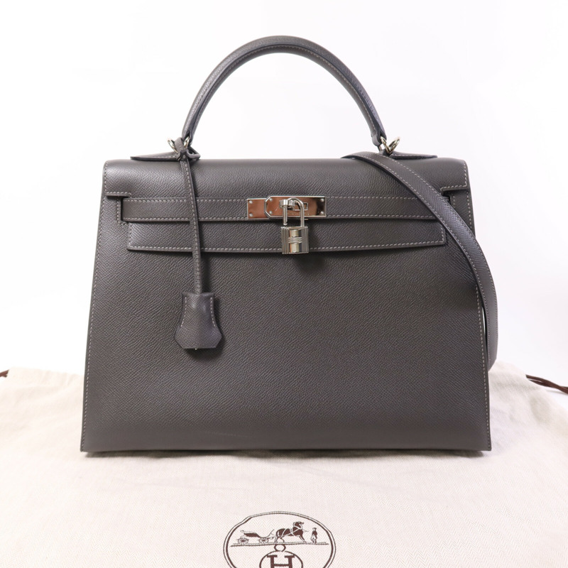 HERMES Epsom皮革Kelly 32銀扣手挽肩背兩用袋Grey-9