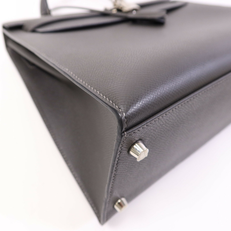 HERMES Epsom皮革Kelly 32銀扣手挽肩背兩用袋Grey-11