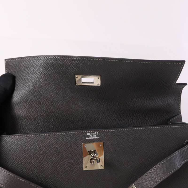 HERMES Epsom皮革Kelly 32銀扣手挽肩背兩用袋Grey-15